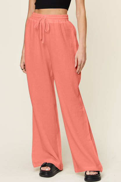 Double Take Full Size Texture Drawstring Wide Leg Pants