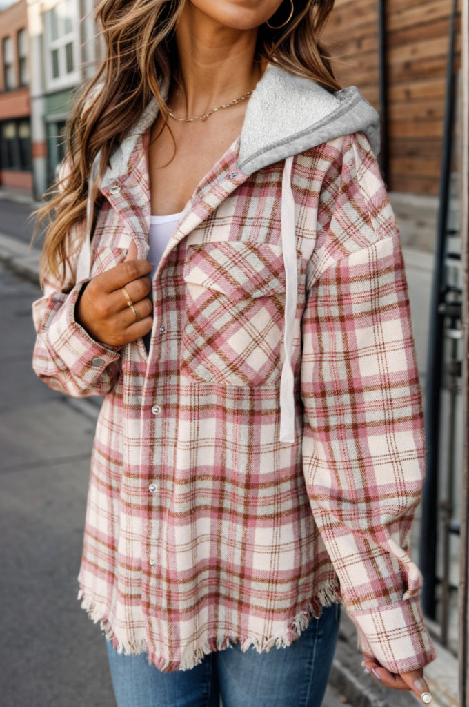 Plaid Raw Hem Drawstring Hooded Jacket