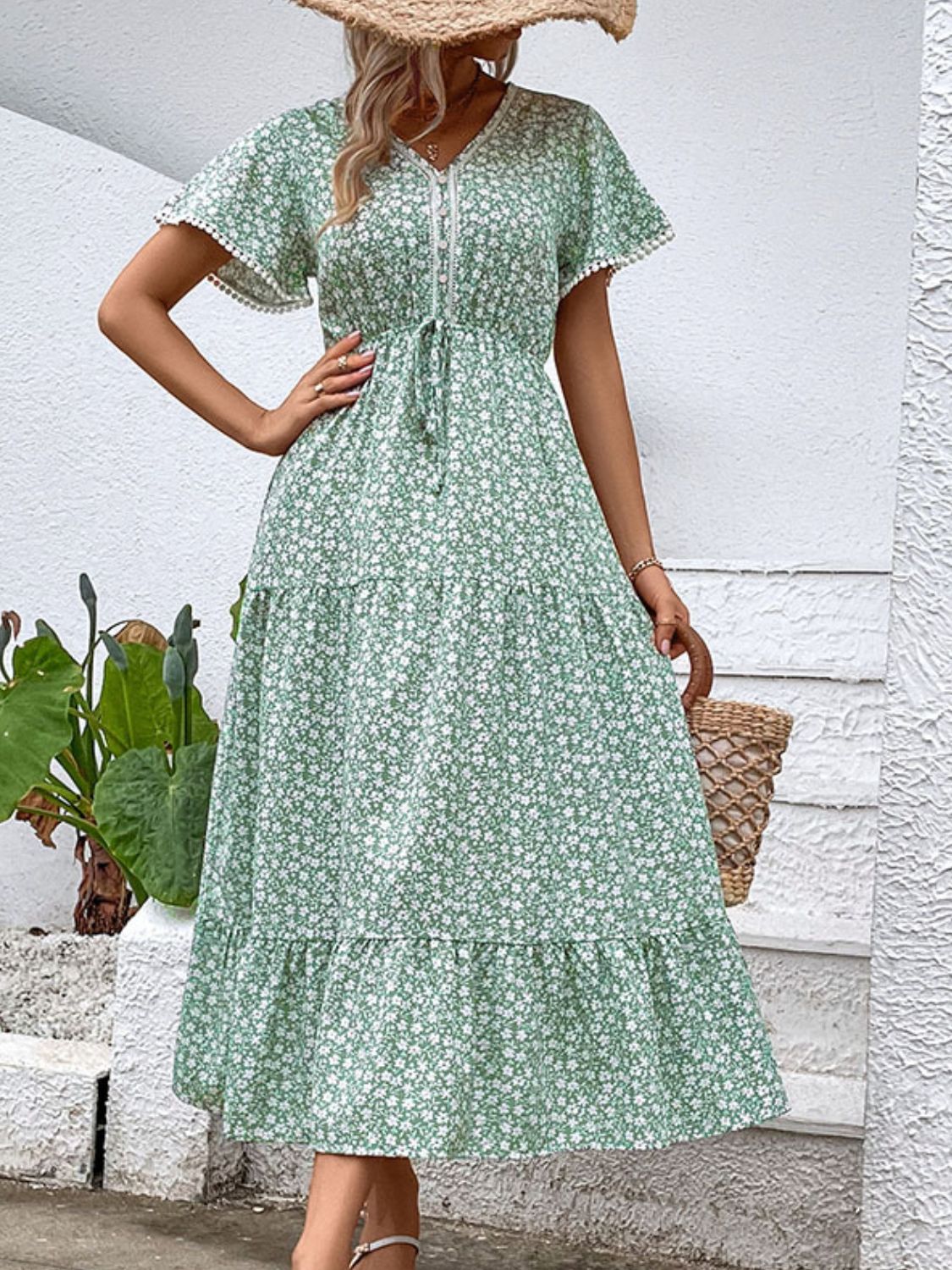 Perfee Ditsy Floral V-Neck Tiered Dress