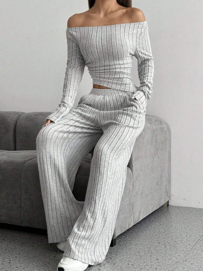 Ribbed Off-Shoulder Top and Pants Set