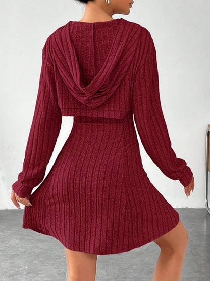 Wide Strap Dress and Long Sleeve Hooded Top Set