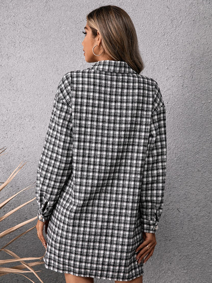 Pocketed Plaid Long Sleeve Mini Dress