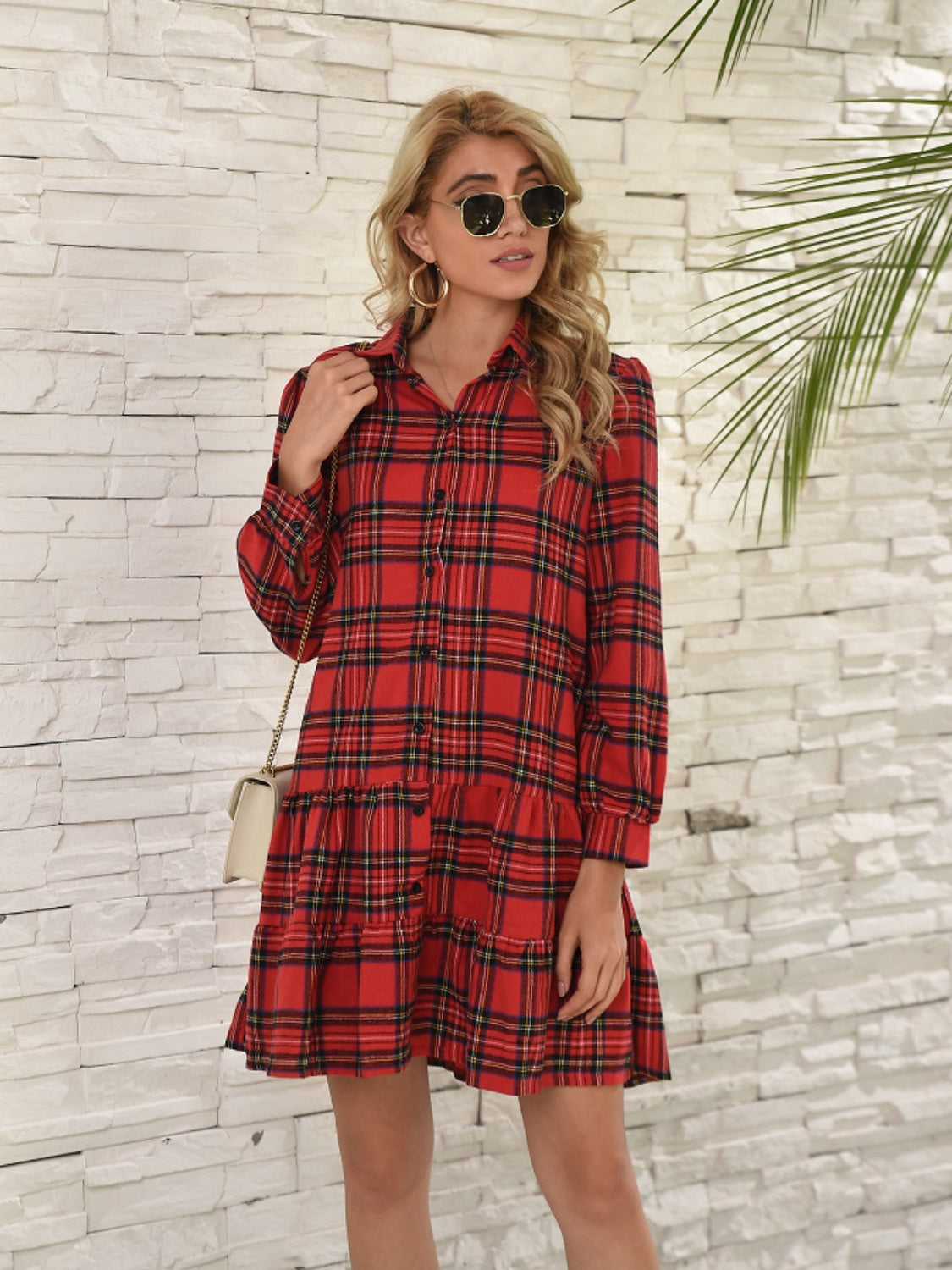 Ruffle Hem Plaid Button Down Long Sleeve Dress