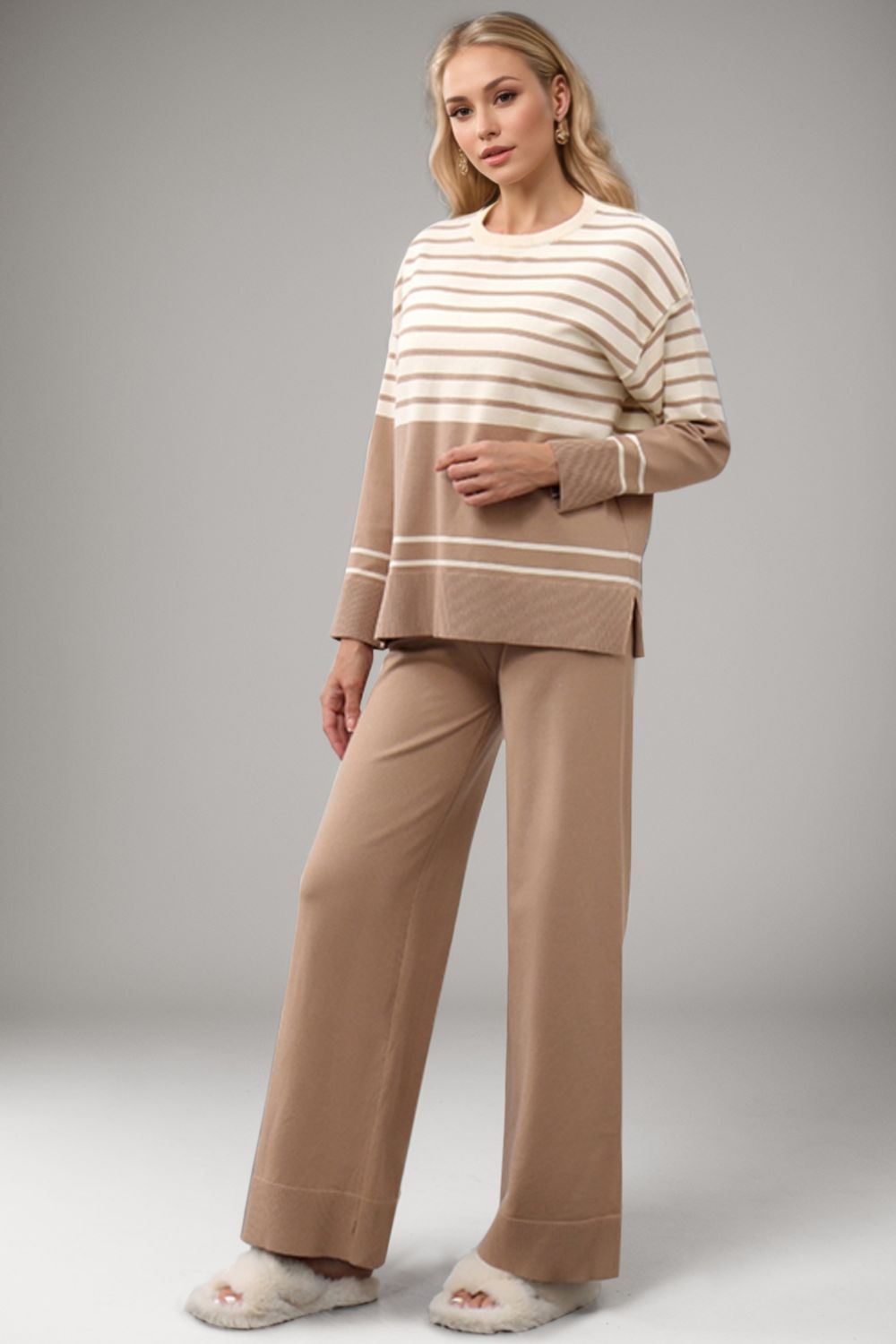 Basic Bae Striped Round Neck Long Sleeve Top and Pants Sweater Set