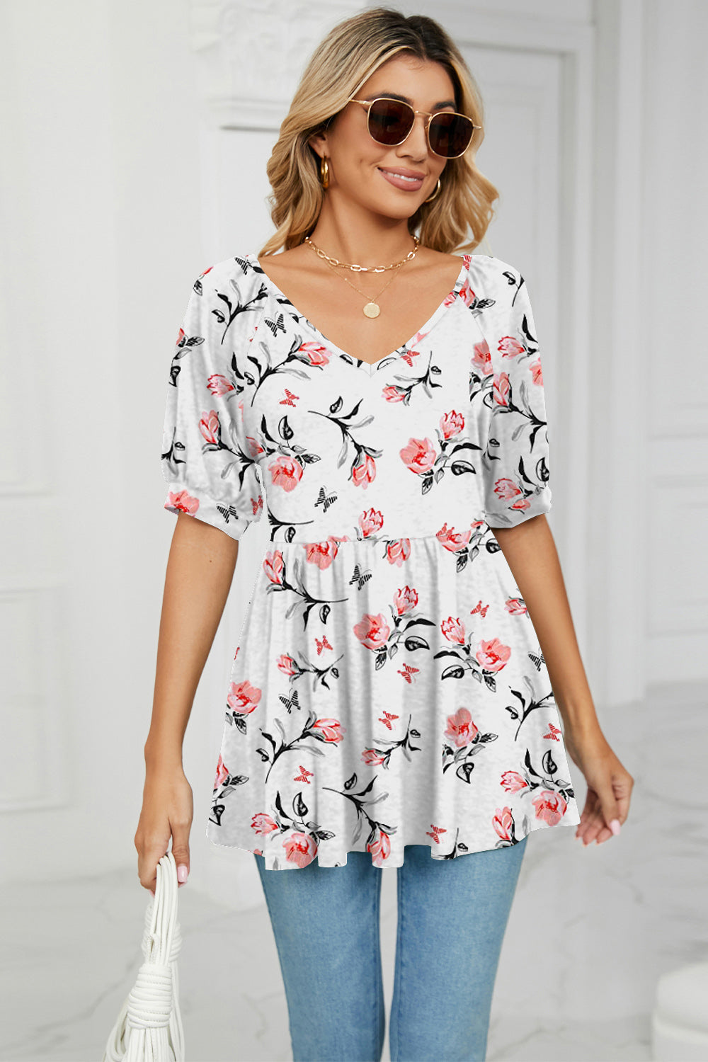 Floral V-Neck Babydoll Blouse