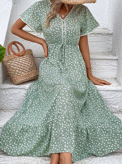 Perfee Ditsy Floral V-Neck Tiered Dress