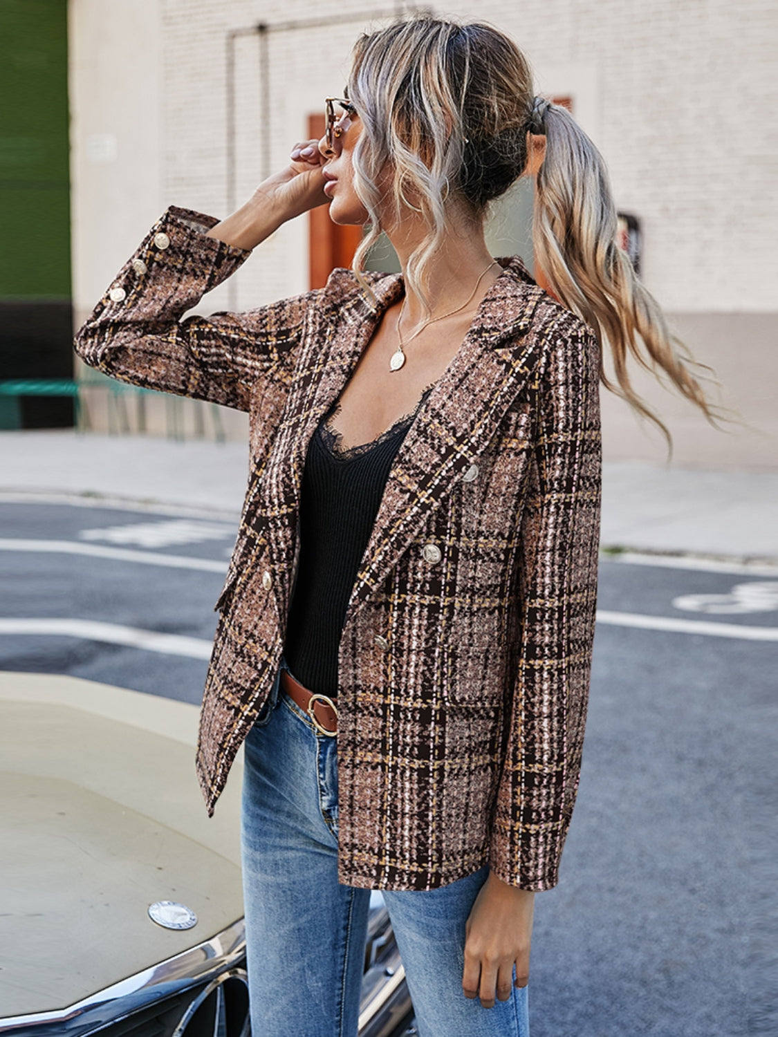 Full Size Plaid Lapel Collar Blazer