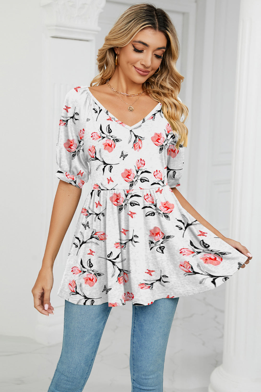 Floral V-Neck Babydoll Blouse