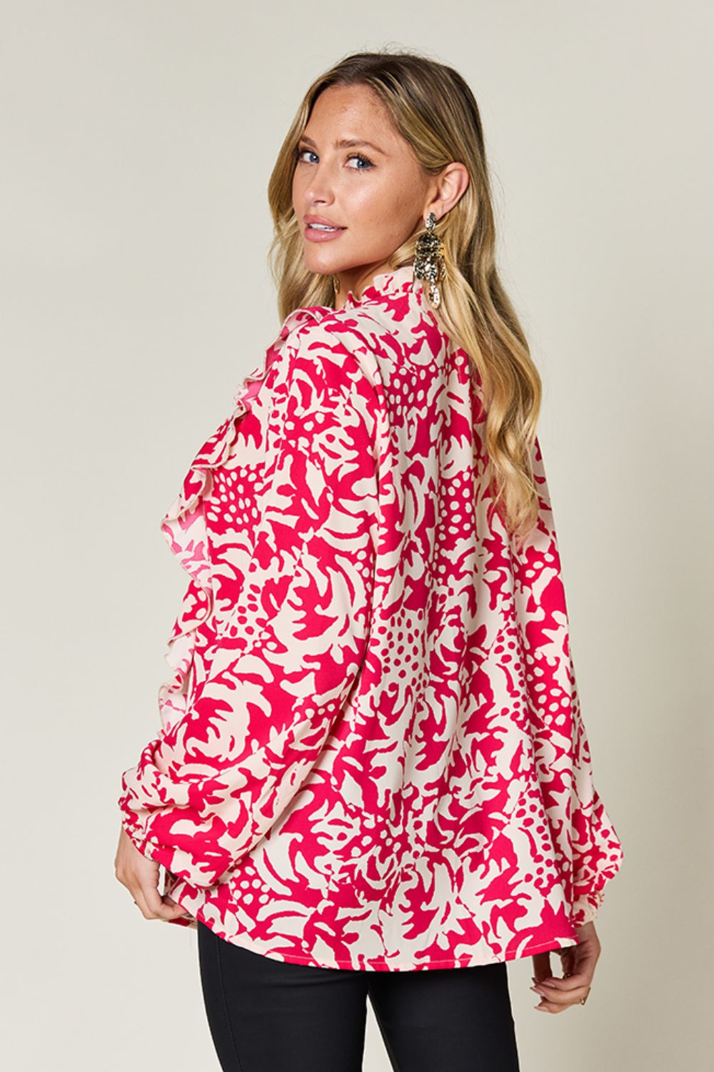 Double Take Full Size Printed Ruffle Trim Balloon Sleeve Shirt