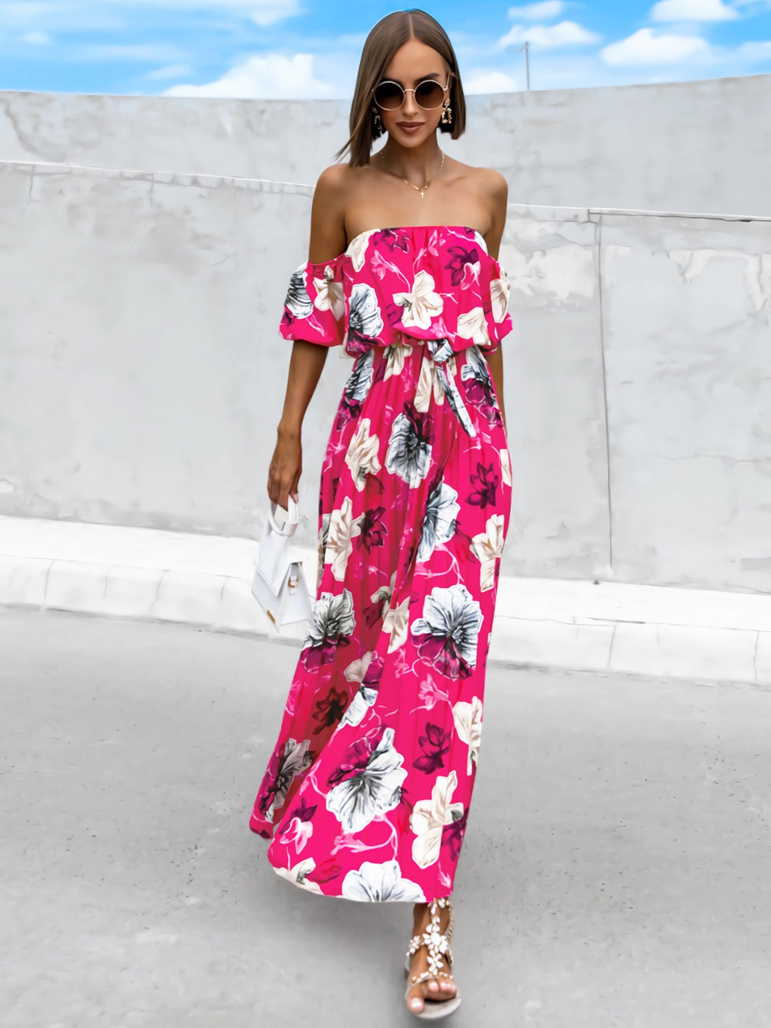 Pleated Floral Off-Shoulder Short Sleeve Midi Dress