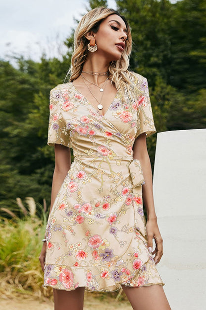 Shiny Floral Tied Ruffle Hem Surplice Dress