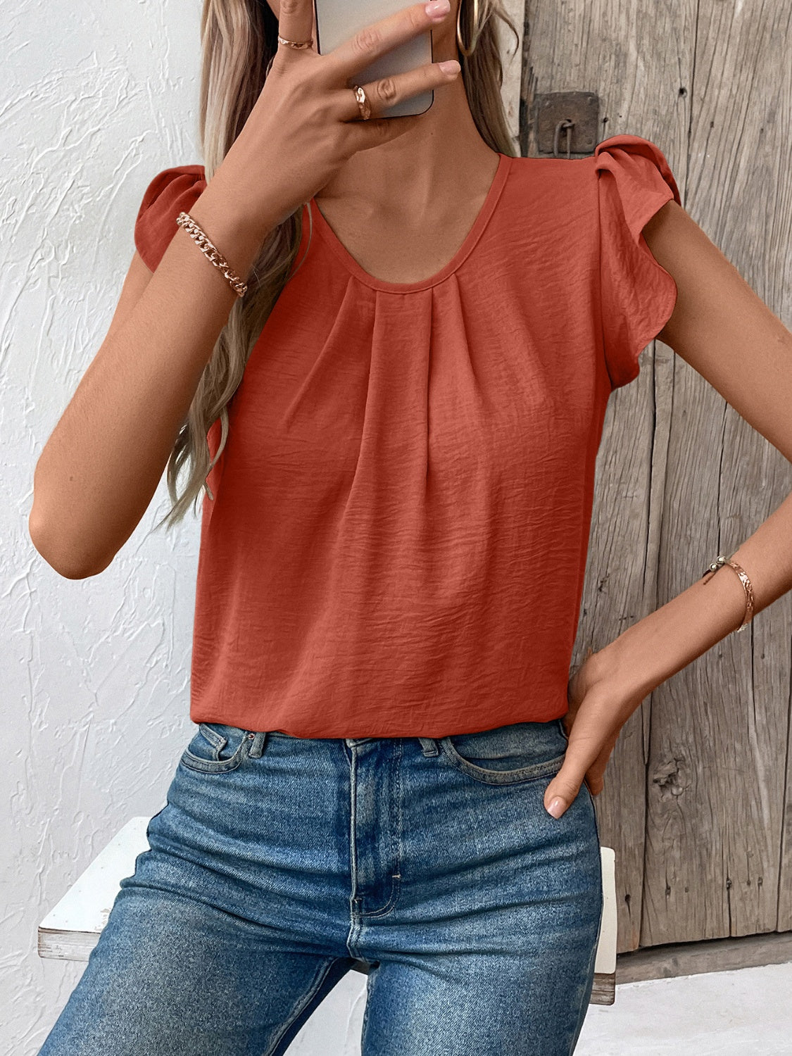 Ruched Round Neck Cap Sleeve Blouse