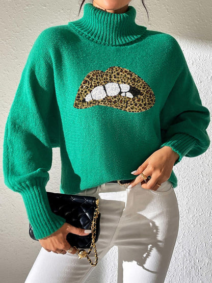 Lip Turtleneck Long Sleeve Sweater