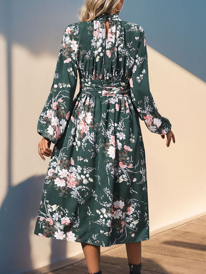 Ruched Printed Mock Neck Long Sleeve Midi Dress