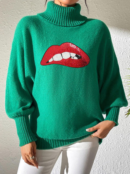 Lip Turtleneck Long Sleeve Sweater