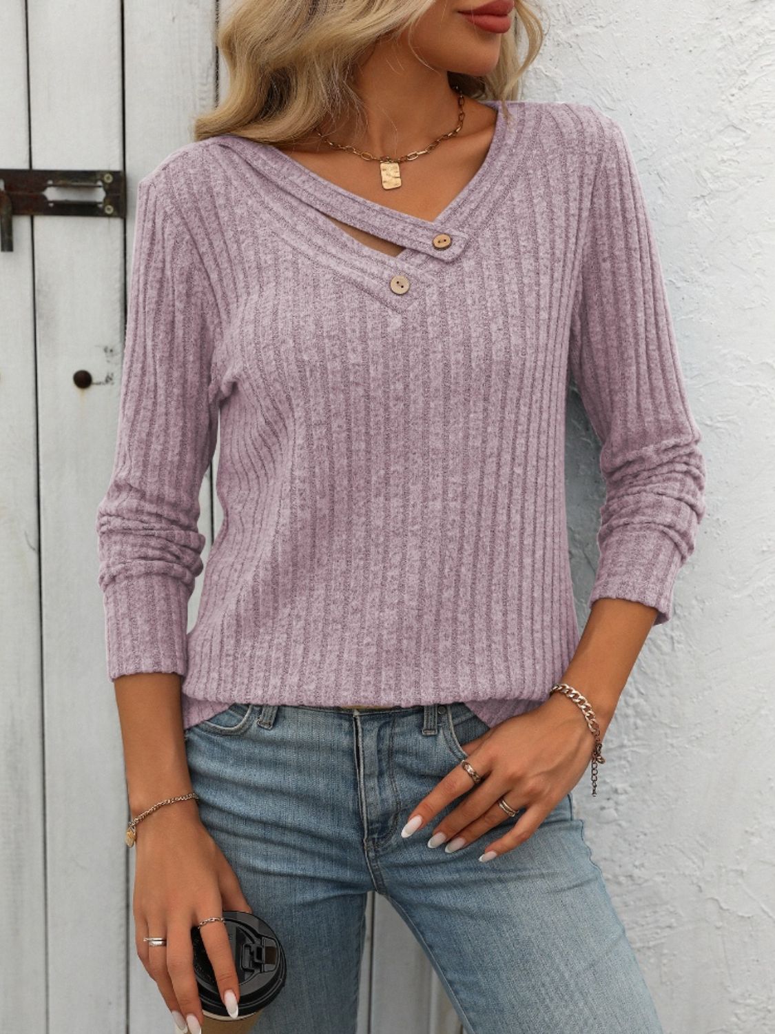 Ribbed V-Neck Long Sleeve T-Shirt