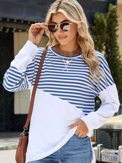 Slit Contrast Striped Long Sleeve Sweatshirt