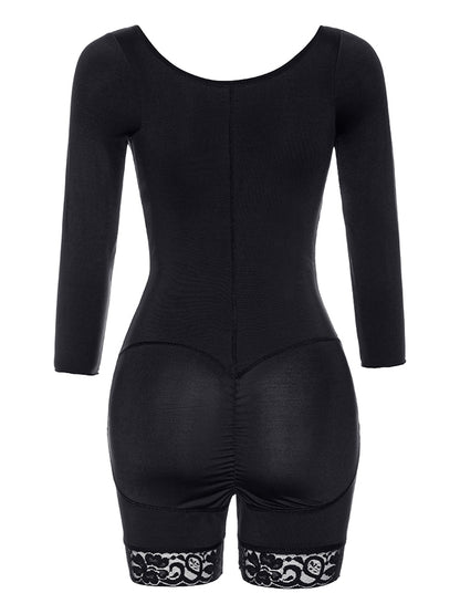 Full Size Zip Up Lace Detail Long Sleeve Shapewear