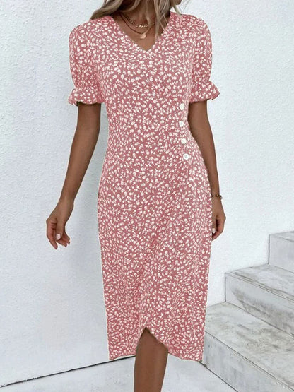 Full Size Printed Surplice Flounce Sleeve Midi Dress