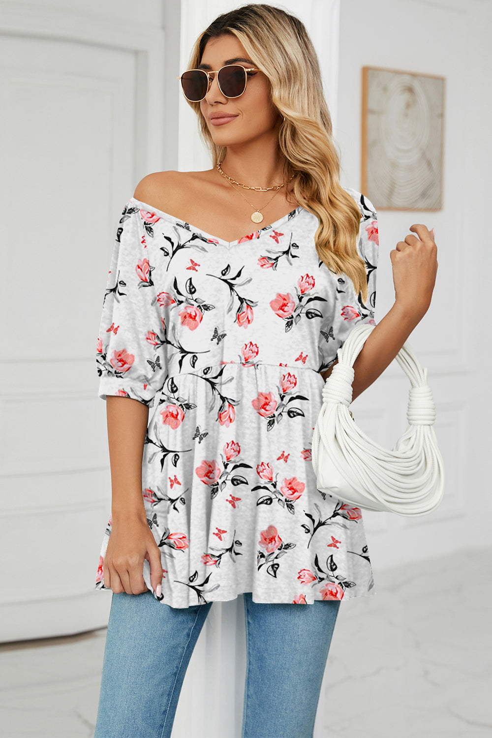 Floral V-Neck Babydoll Blouse