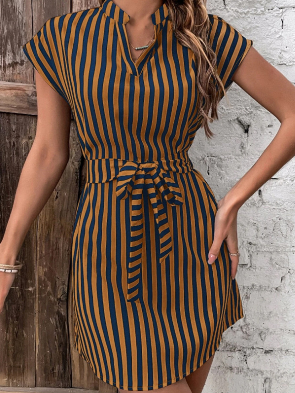 Tied Striped Cap Sleeve Mini Dress