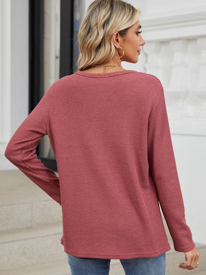 Waffle-Knit Notched Long Sleeve T-Shirt