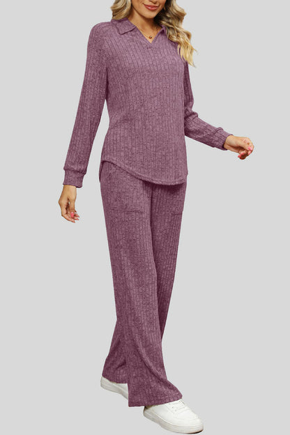 Ribbed Long Sleeve Top and Pocketed Pants Set