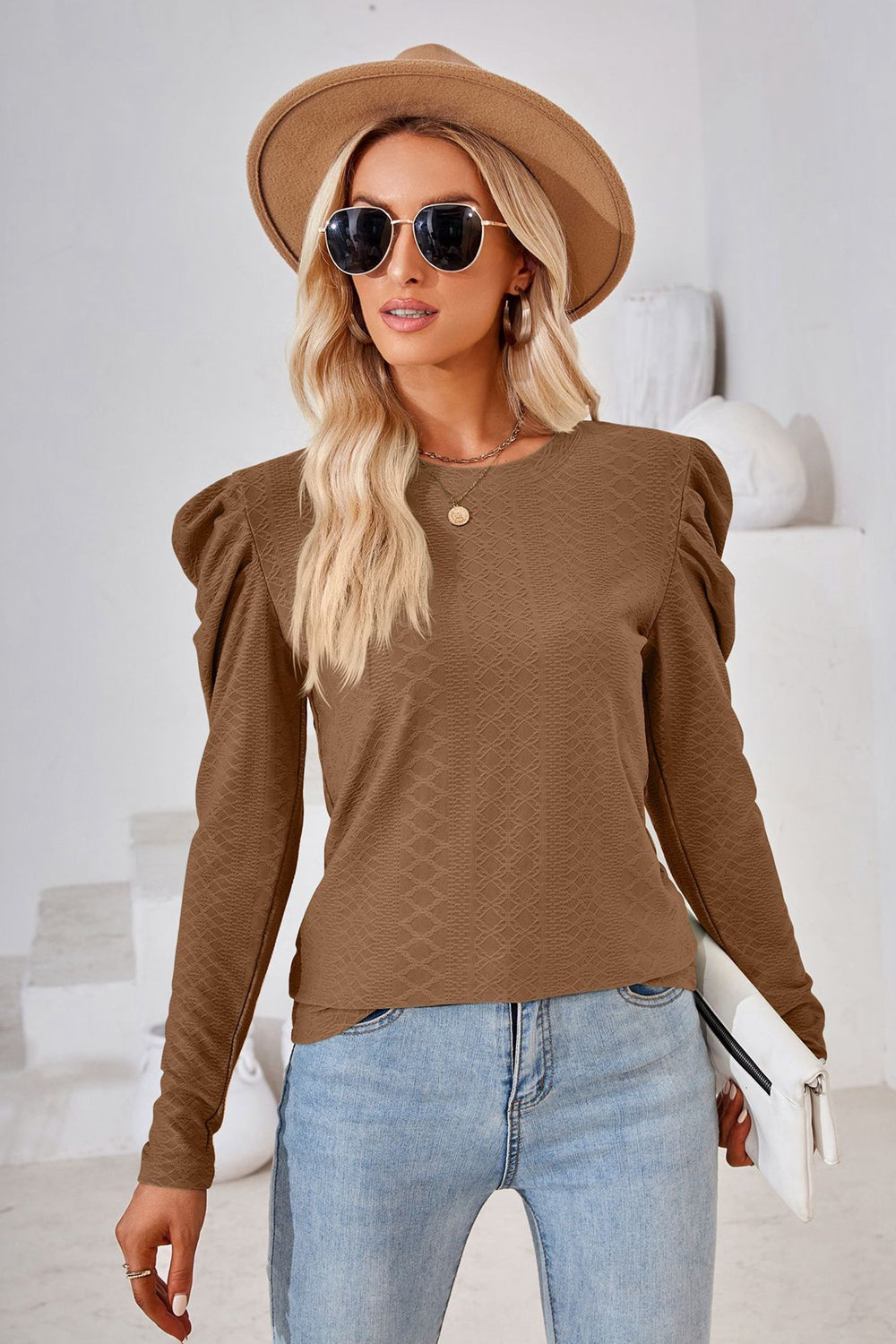 Round Neck Puff Sleeve Blouse