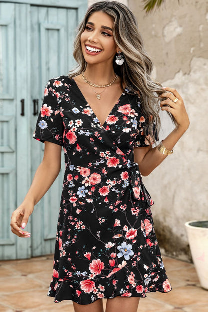 Shiny Floral Tied Ruffle Hem Surplice Dress