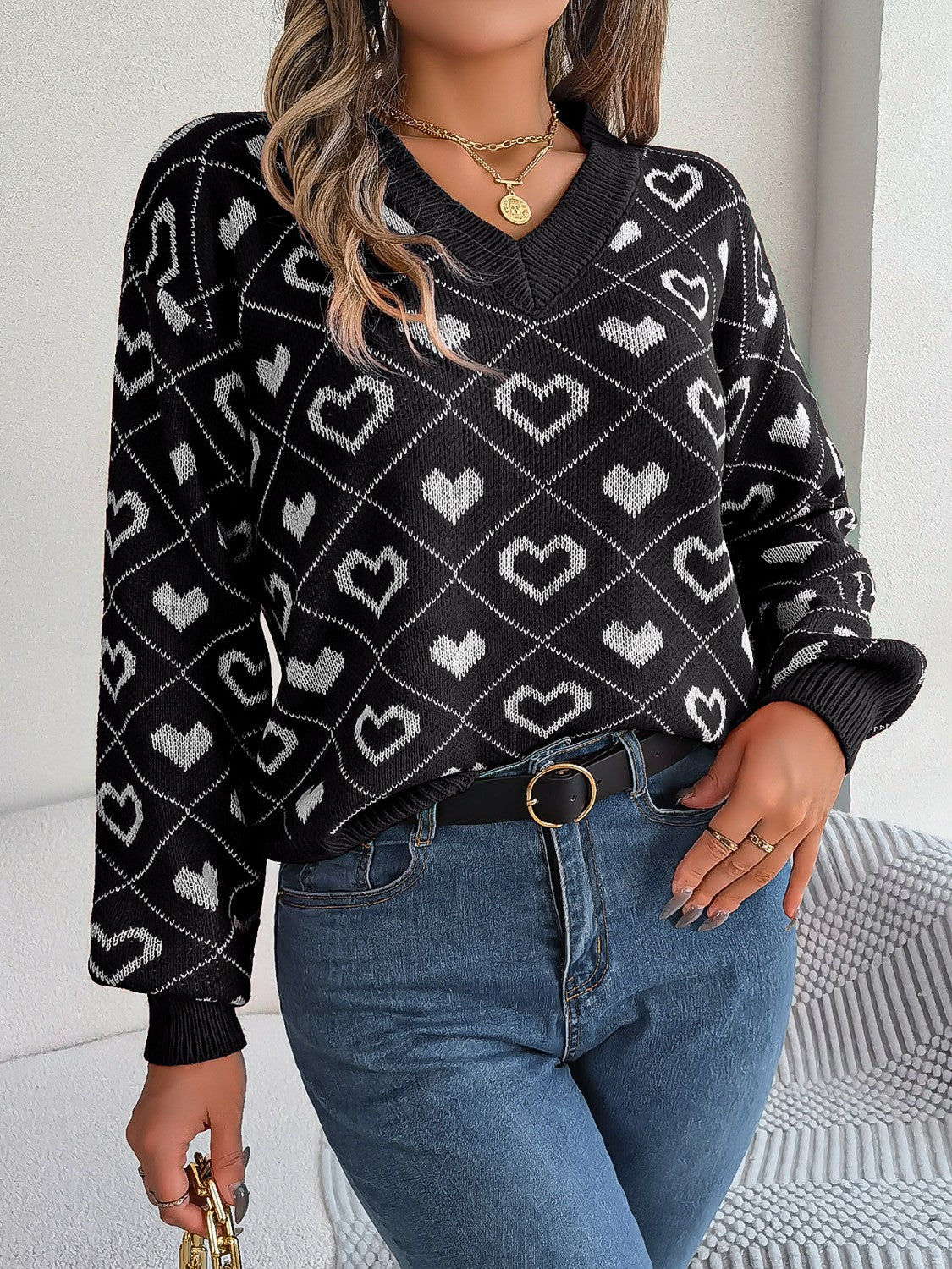 Heart Pattern V-Neck Long Sleeve Sweater