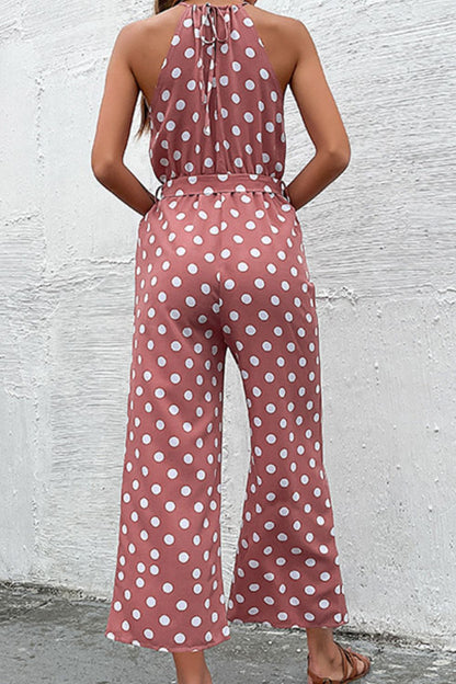 Perfee Polka Dot Grecian Wide Leg Jumpsuit