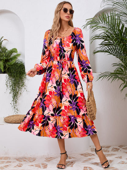 Printed Long Sleeve Midi Dress