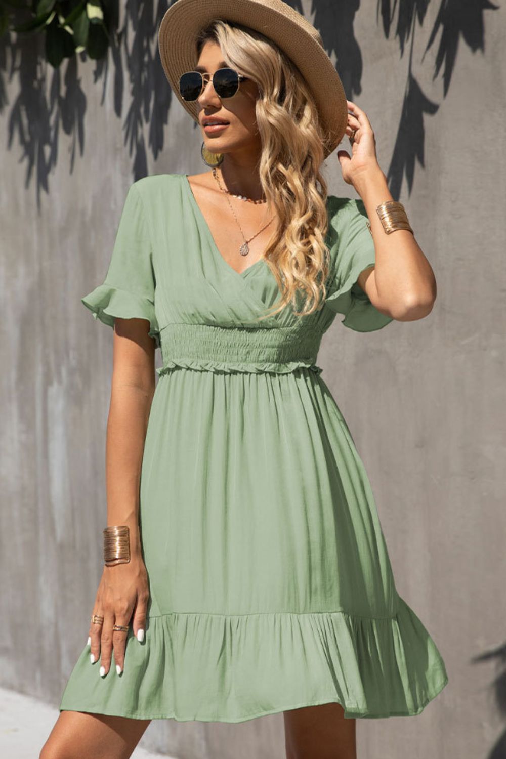 Shiny Smocked Waist Flounce Sleeve Ruffle Hem Dress