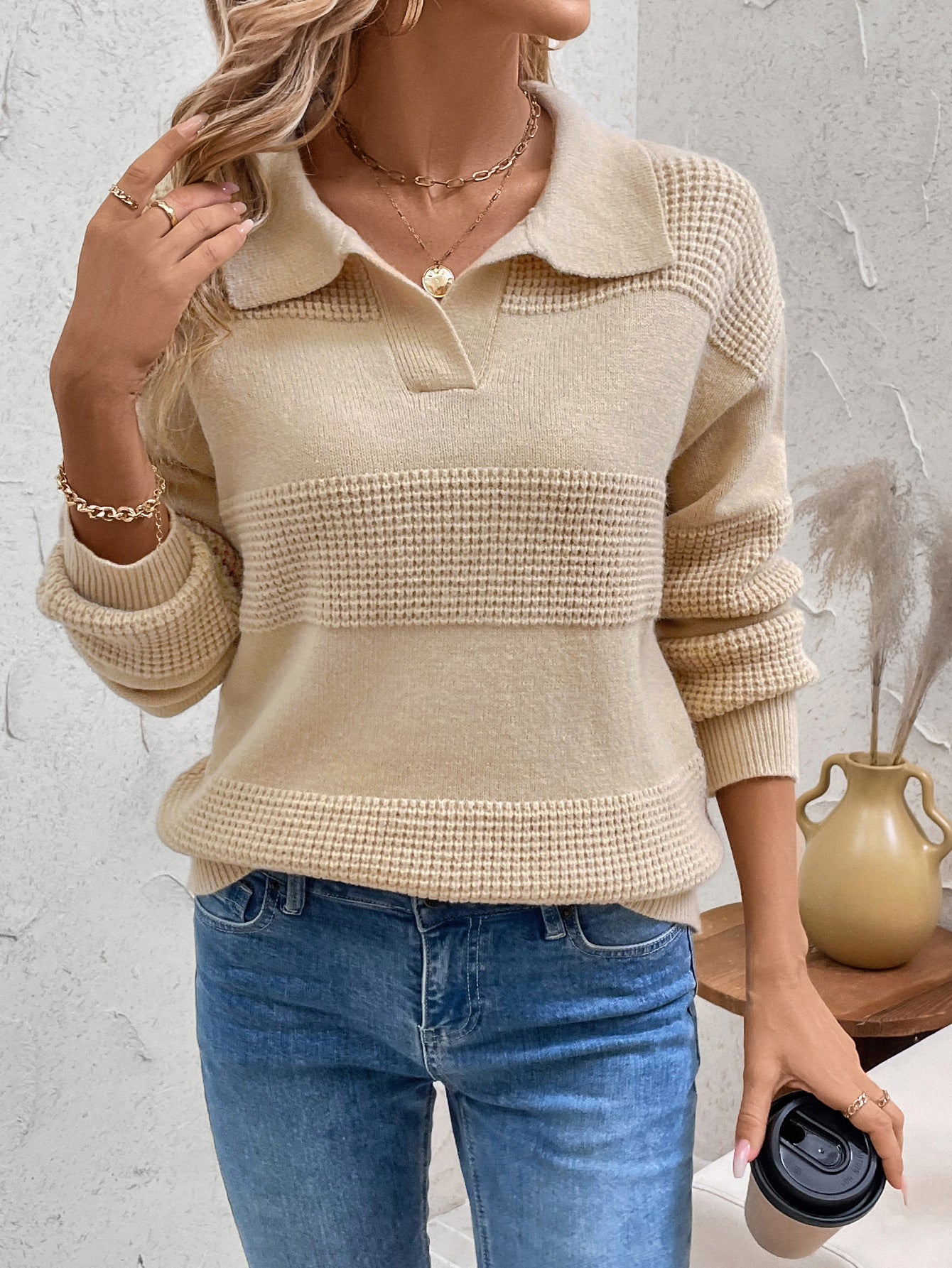 Perfee Johnny Collar Dropped Shoulder Sweater