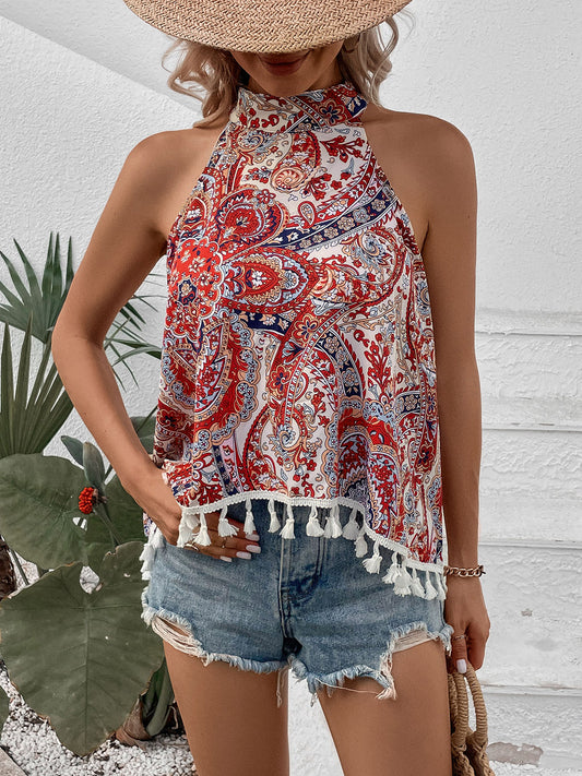 Perfee Tassel Printed Grecian Neck Tank